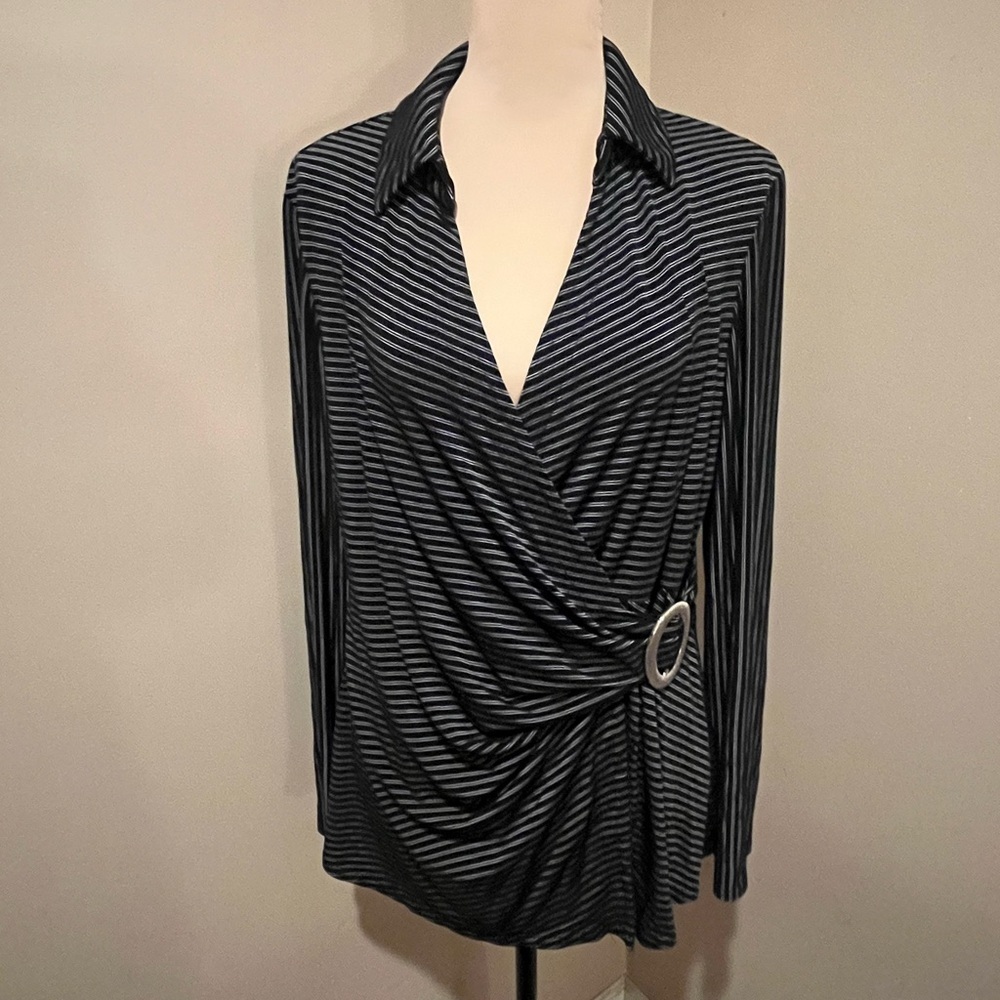 Joseph Ribkoff Black & Gray Striped Wrap-Front Long Sleeve Top, Buckle, size 18